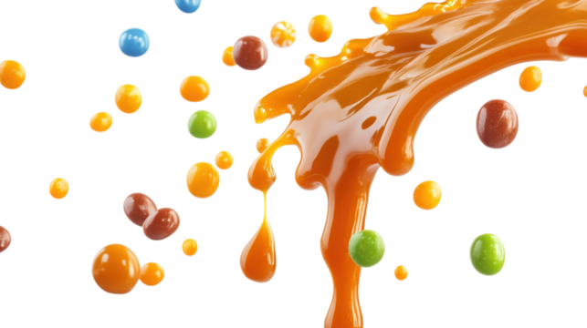 Caramel sauce splash over candies isolated on a transparent background - Powered by Adobe