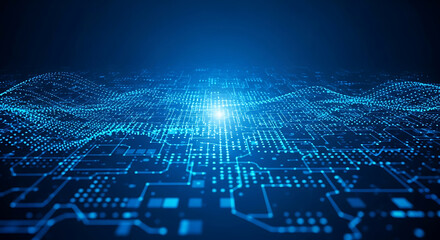 Abstract blue digital network grid with glowing light and data flow technology