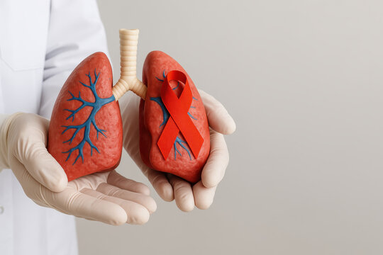 Doctor holding anatomical lung model with red ribbon symbolizing cancer awareness, health, prevention, and support for lung disease, medical care, and hope for recovery in clinical setting - Powered by Adobe