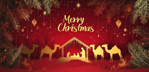 Festive Merry Christmas card with nativity scene and camels in a red winter wonderland setting