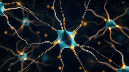 Illustration presents a close-up of several neurons, blue in color, with golden light particles flowing through their branching dendrites against a dark backdrop filled with bokeh.