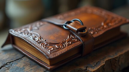 Vintage leather-bound book with an ornate embossed cover and strap clasp on a rustic wood surface.
