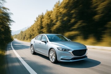 Naklejka premium Silver modern sedan driving fast on a curving highway with blurred forest background and bright daylight emphasizing motion and transport concept.