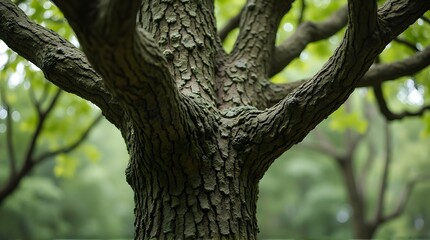 Close-up of Tree Trunk and Branches, Detailed Bark Texture, Green Background