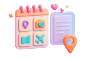 Colorful 3D style travel calendar icons with map, airplane, and location symbols on a clean white background. Concept of travel planning. Ai generative