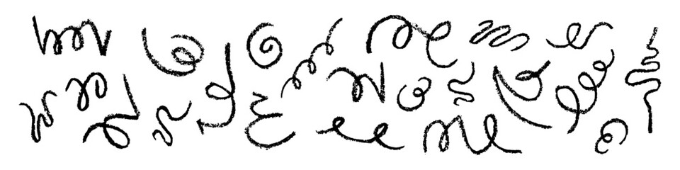 Black swirl scribble shapes set with chalk, charcoal texture. Hand drawn squiggle wax crayons lines collection. Doodle curve waves design elements set. Vector illustration on transparent background