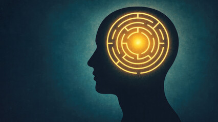 Silhouette of a human head profile with a glowing circular maze inside representing the mind 