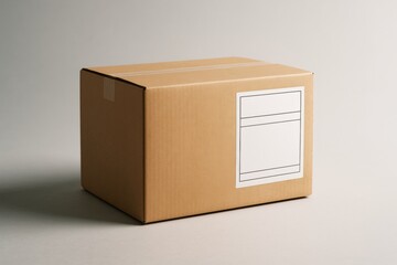 Brown cardboard box with blank shipping label placed on light background, symbolizing delivery, postal service, and packaging concept. Ai generative