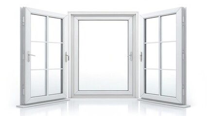 Obraz premium Open white casement window with multiple panes and reflective surface on a clean white background