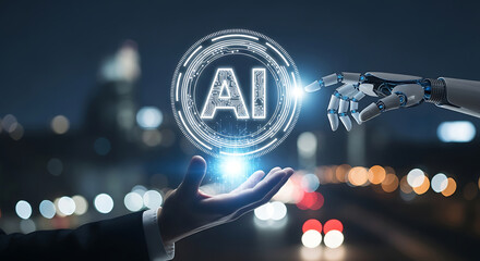 AI Robot Hand Touching Glowing AI Symbol Above Open Hand at Night Keywords: AI, artificial