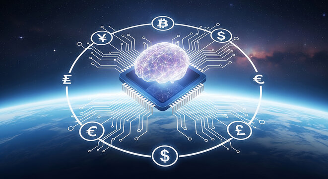 AI Brain Chip with Currency Symbols Orbiting Earth artificial intelligence processor - Powered by Adobe