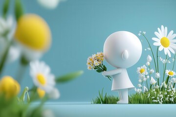 A 3D character holding a bouquet of flowers in a field of daisies.