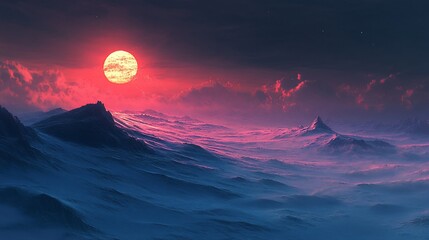 Dramatic sunset in a distant landscape, showcasing peaks and cloud formations
