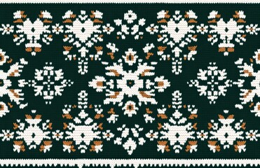 Traditional Scandinavian knitted pattern with green and white colors featuring festive winter motifs and decorative design elements