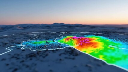 Data visualization with heatmap and points over snow covered landscape and mountains, a technology concept. - Powered by Adobe