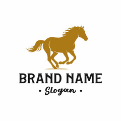A golden silhouette of a running horse above the text 