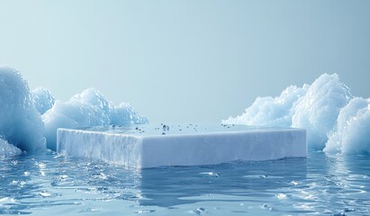 Obraz premium Minimalist stage design with a rectangular podium set on shimmering water surrounded by soft white clouds