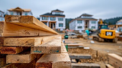 Stacked lumber in foreground with houses under construction and yellow excavator on site, visualizing new development and building progress