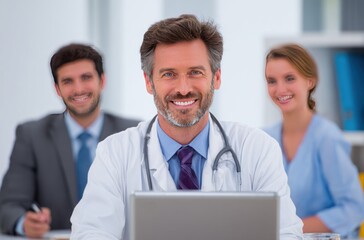 Fototapeta premium Smiling healthcare team portrait doctor at laptop, manager in suit, & nurse, all indoors, conveying trust, expertise, and collaboration