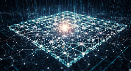 Illuminated network grid with interconnected nodes and lines in a dark digital environment ai generated