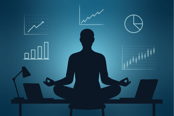 Silhouette of a person meditating at a desk with laptops and glowing financial charts and graphs meditation
