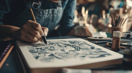 Creative artist sketching intricate patterns on paper at her creative workstation