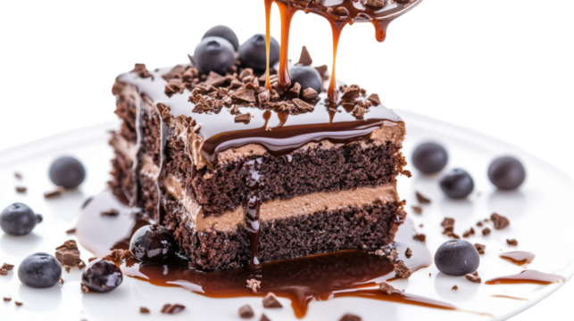Chocolate cake slice with blueberries and syrup isolated on a transparent background - Powered by Adobe