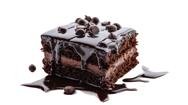Chocolate cake slice with syrup isolated on a transparent background