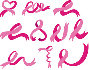 Collection of various pink ribbons symbolizing breast cancer awareness and support, set against a white background.