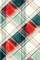 Tartan plaid pattern in vibrant red, green, and turquoise with intersecting lines and geometric design