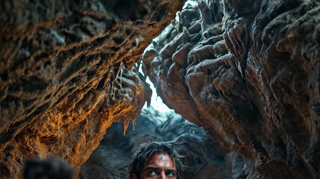 Rugged man with long hair and beard exploring ancient cave at dusk