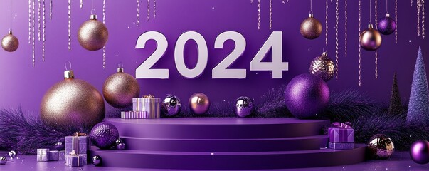 Elegant 2024 new year celebration backdrop with purple decorations and festive ornaments