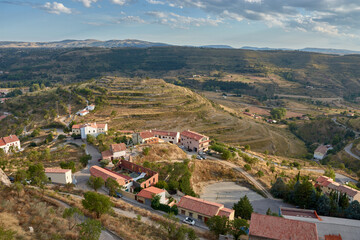 Fototapeta premium Stunning aerial views of the mountainous landscape around the medieval village of Morella, Castellon