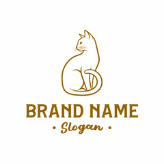 A minimalist line art logo featuring a sitting cat with its tail curled, above the text 