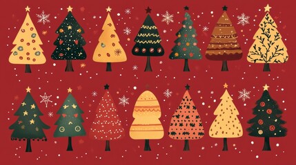 Set of Christmas tree icons with star decorations on a festive red background, perfect for holiday designs and seasonal greetings