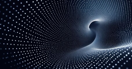 Abstract digital vortex with spiraling white dots on dark background creating a sense of motion and energy