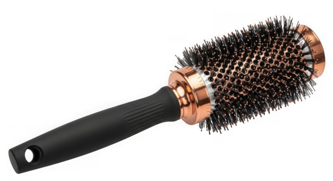 A round hair brush with black handle and copper barrel, isolated on transparent background