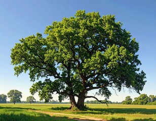 Fototapeta premium Majestic leafy tree standing in a field with a clear blue sky background, trees in the distance, grassy meadow, path
