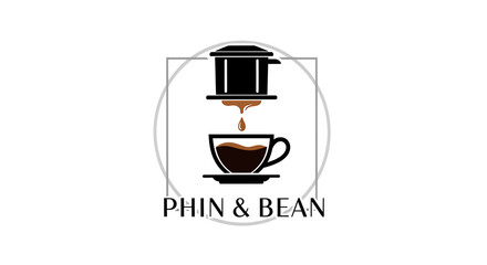 A minimalist black and brown logo for 'Phin & Bean' showing a Vietnamese phin filter dripping coffee into a cup and saucer.