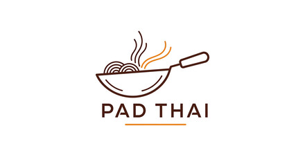 Illustration of a wok with noodles and steam, the words 