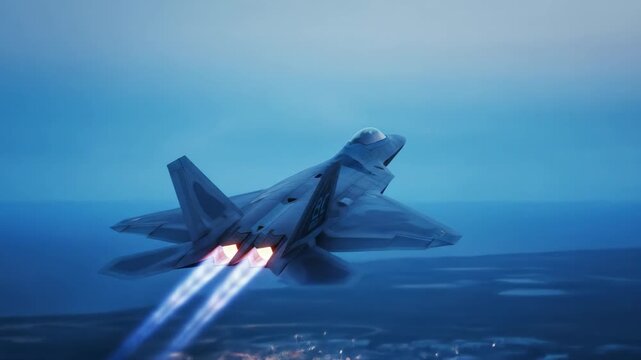 F-22 fighter jet flies at night with afterburners over city lights near coast, military aviation. Tactical aircraft.