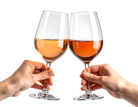 Two hands clink glasses of ros? and white wine