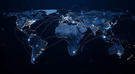 Global Network Connections Illuminated World Map at Night communication technology