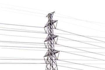 High voltage power lines suspended by a steel tower transmit electricity against a blue sky