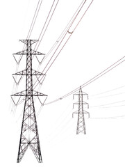 High voltage electric transmission lines on a steel industry pylon tower against a blue sky