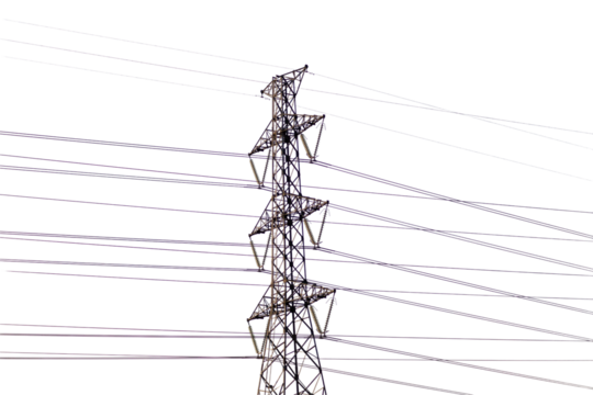 High voltage power lines suspended by a steel tower transmit electricity against a blue sky