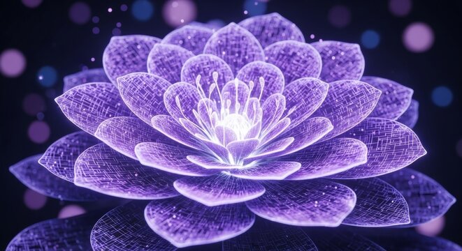 Glowing Purple Circuitry Flower: Abstract Digital Bloom, Futuristic Botanical Art, Dark Background