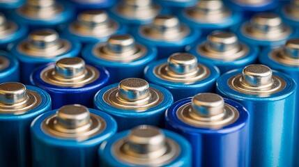 Obraz premium Macro view of vibrant blue AA batteries arranged in rows, showcasing metallic contacts for power and energy storage solutions.