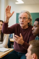 Passionate senior professor teaching or debating in a university classroom