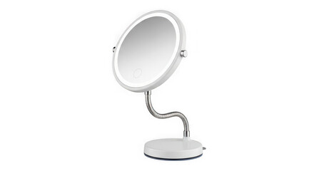Modern makeup mirror with led light ring and flexible gooseneck arm, isolated on transparent background